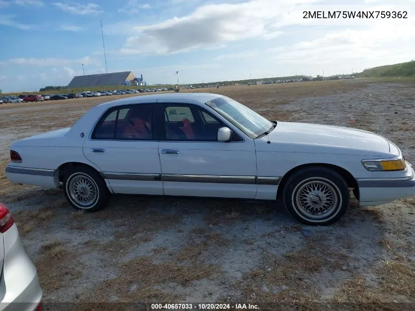 1992 Mercury Grand Marquis Ls VIN: 2MELM75W4NX759362 Lot: 40657033