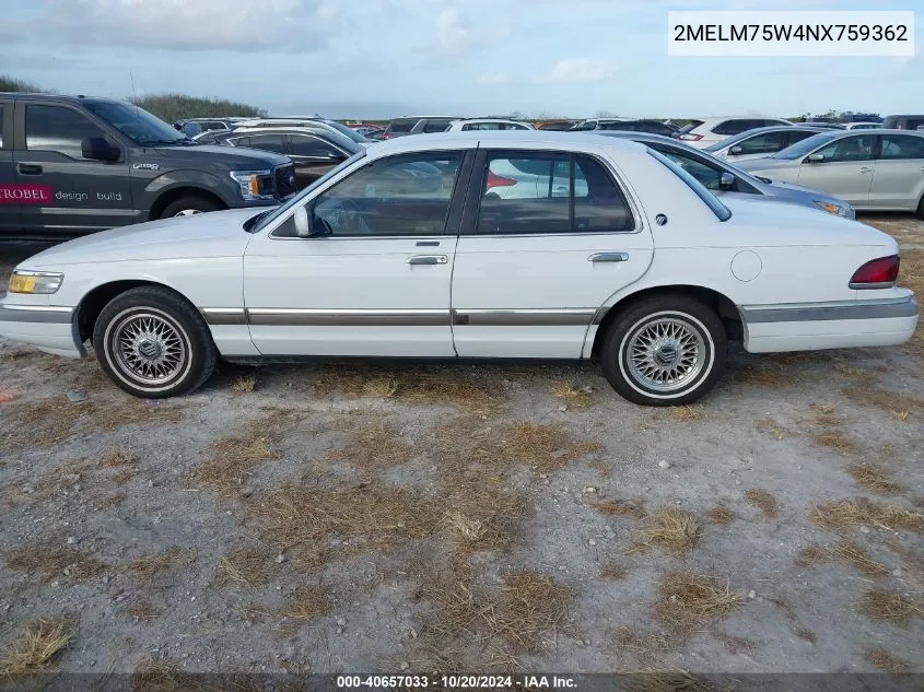 1992 Mercury Grand Marquis Ls VIN: 2MELM75W4NX759362 Lot: 40657033