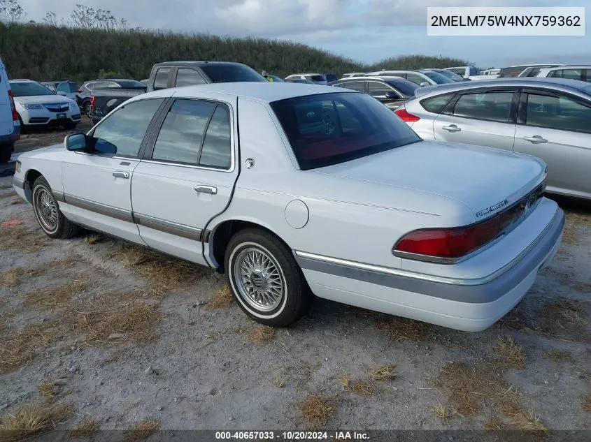 1992 Mercury Grand Marquis Ls VIN: 2MELM75W4NX759362 Lot: 40657033