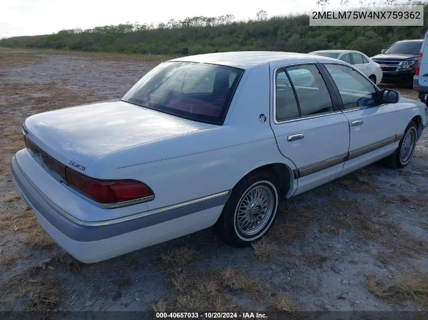 1992 Mercury Grand Marquis Ls VIN: 2MELM75W4NX759362 Lot: 40657033