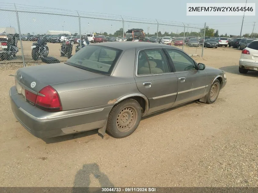 2000 Mercury Grand Marquis Ls VIN: 2MEFM75W2YX654546 Lot: 30044733