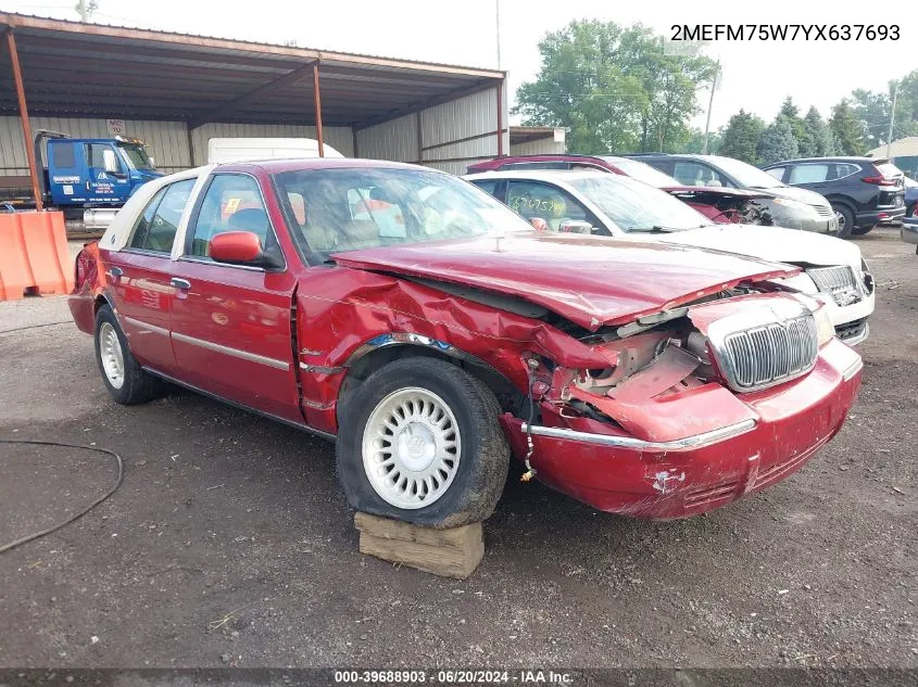 2000 Mercury Grand Marquis Ls VIN: 2MEFM75W7YX637693 Lot: 39688903