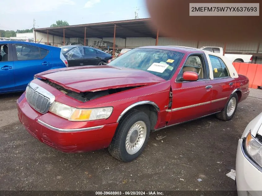 2000 Mercury Grand Marquis Ls VIN: 2MEFM75W7YX637693 Lot: 39688903