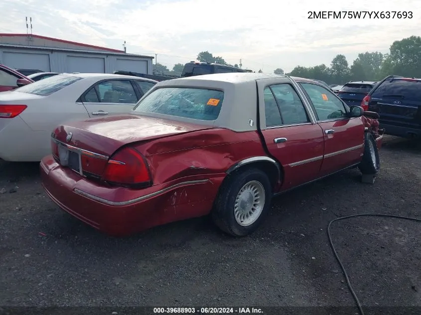 2000 Mercury Grand Marquis Ls VIN: 2MEFM75W7YX637693 Lot: 39688903