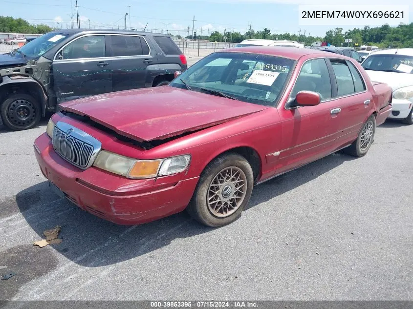 2000 Mercury Grand Marquis Gs VIN: 2MEFM74W0YX696621 Lot: 39853395