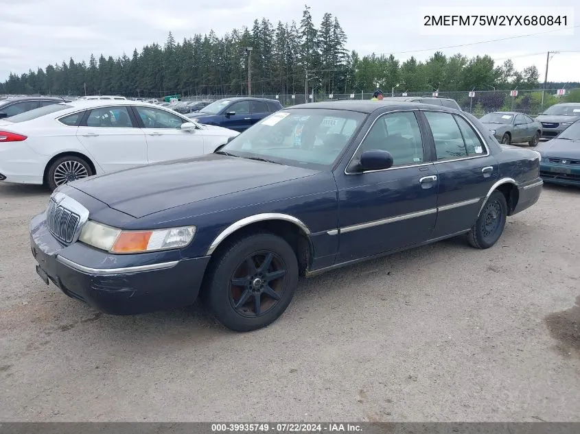 2000 Mercury Grand Marquis Ls VIN: 2MEFM75W2YX680841 Lot: 39935749