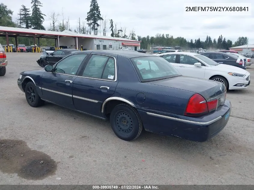 2000 Mercury Grand Marquis Ls VIN: 2MEFM75W2YX680841 Lot: 39935749