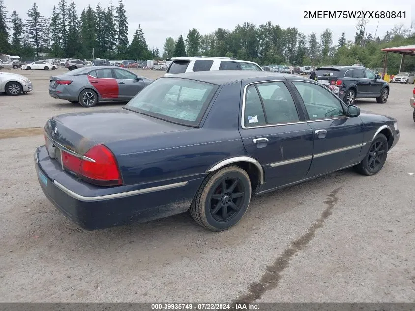 2000 Mercury Grand Marquis Ls VIN: 2MEFM75W2YX680841 Lot: 39935749