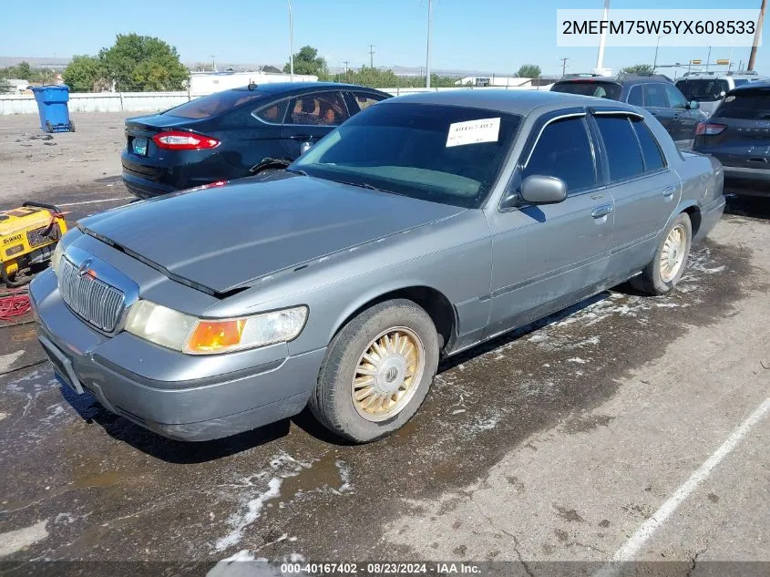 2000 Mercury Grand Marquis Ls VIN: 2MEFM75W5YX608533 Lot: 40167402