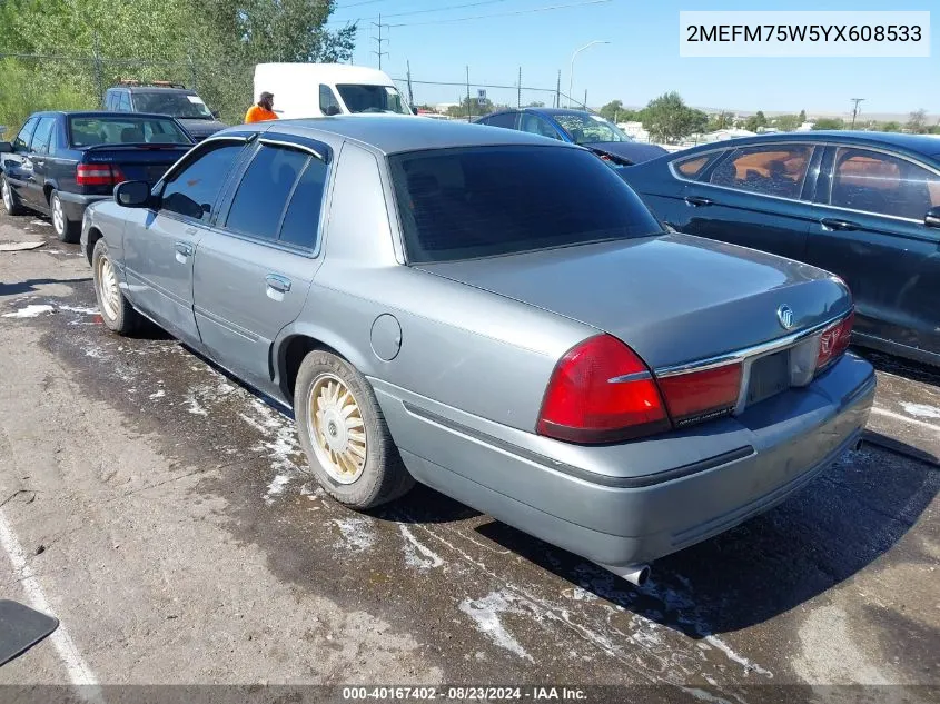 2000 Mercury Grand Marquis Ls VIN: 2MEFM75W5YX608533 Lot: 40167402