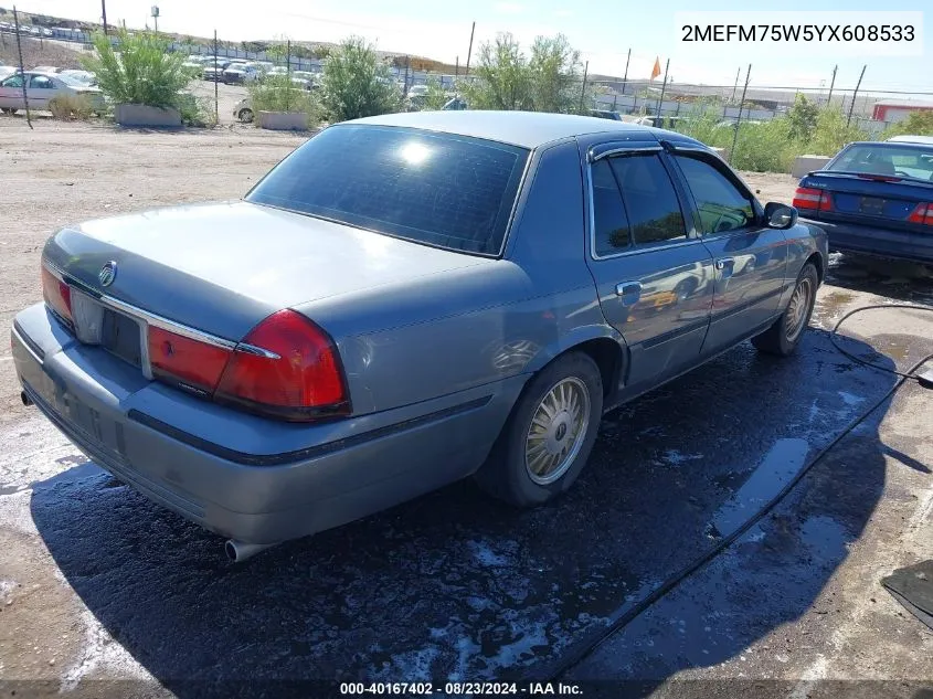 2000 Mercury Grand Marquis Ls VIN: 2MEFM75W5YX608533 Lot: 40167402