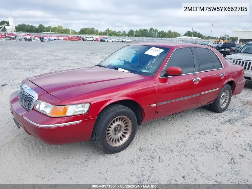 2000 Mercury Grand Marquis Ls VIN: 2MEFM75W5YX662785 Lot: 40171951