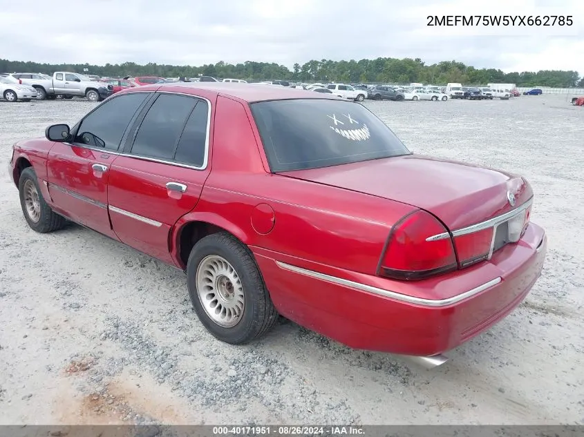 2000 Mercury Grand Marquis Ls VIN: 2MEFM75W5YX662785 Lot: 40171951