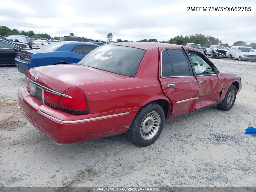 2000 Mercury Grand Marquis Ls VIN: 2MEFM75W5YX662785 Lot: 40171951