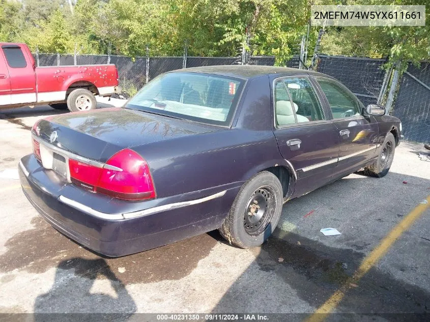 2000 Mercury Grand Marquis Gs VIN: 2MEFM74W5YX611661 Lot: 40231350