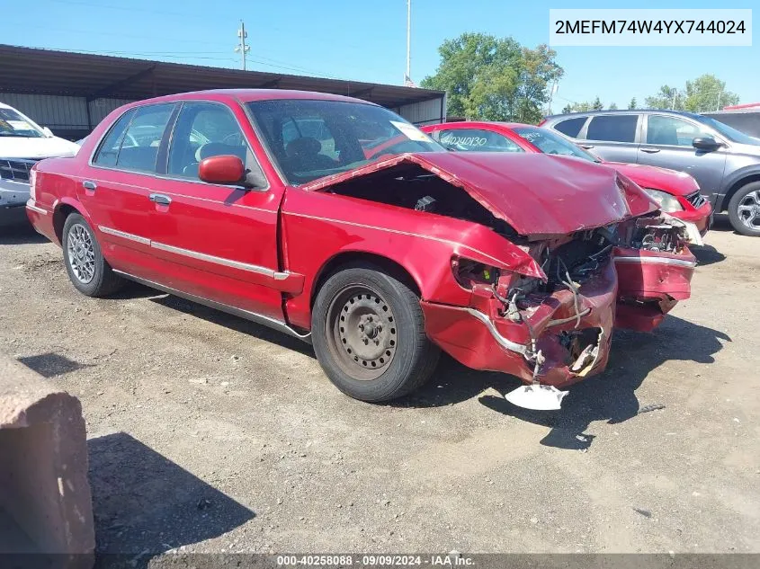 2000 Mercury Grand Marquis Gs VIN: 2MEFM74W4YX744024 Lot: 40258088