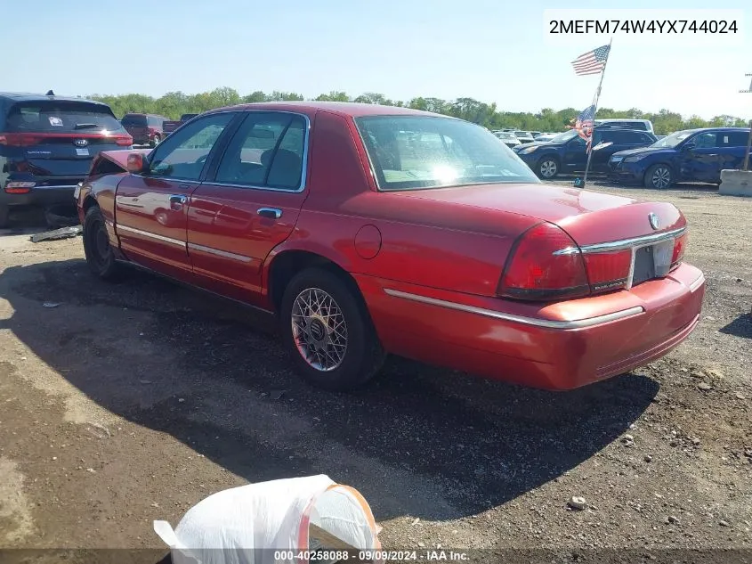 2000 Mercury Grand Marquis Gs VIN: 2MEFM74W4YX744024 Lot: 40258088