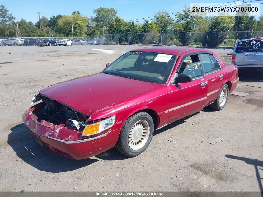 2000 Mercury Grand Marquis Ls VIN: 2MEFM75W5YX707000 Lot: 40332149