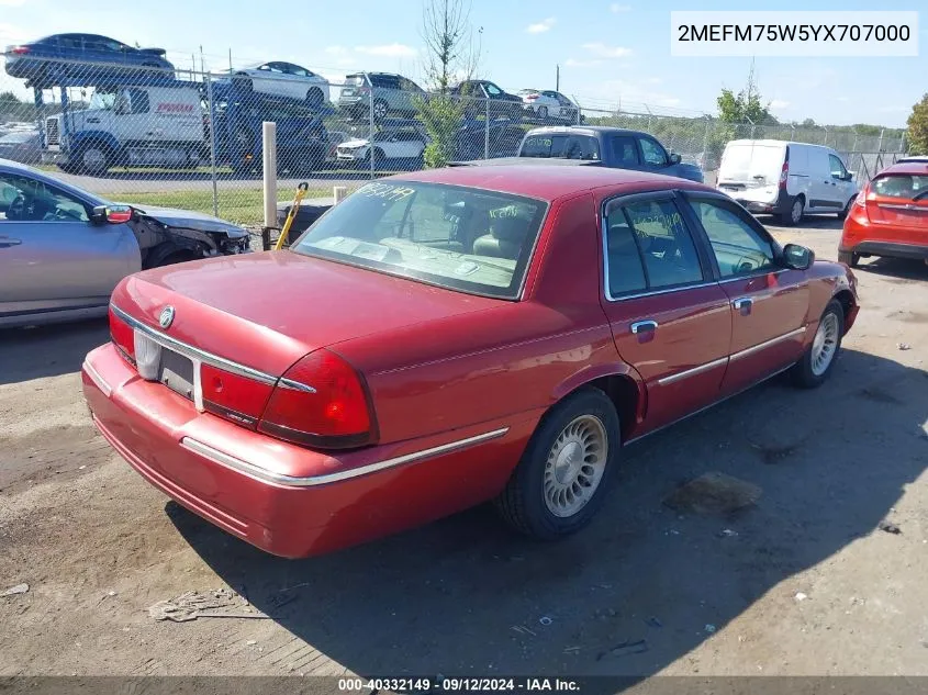 2000 Mercury Grand Marquis Ls VIN: 2MEFM75W5YX707000 Lot: 40332149