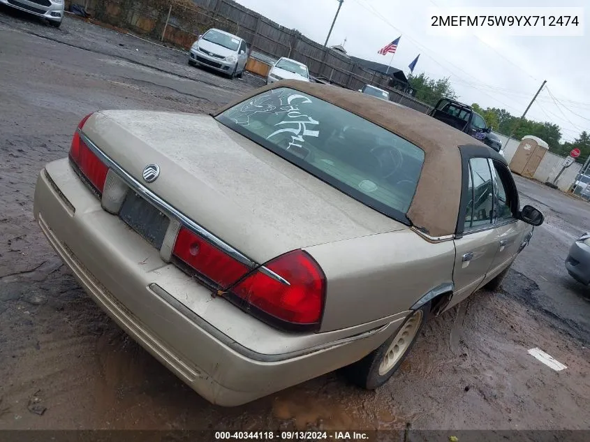 2000 Mercury Grand Marquis Ls VIN: 2MEFM75W9YX712474 Lot: 40344118