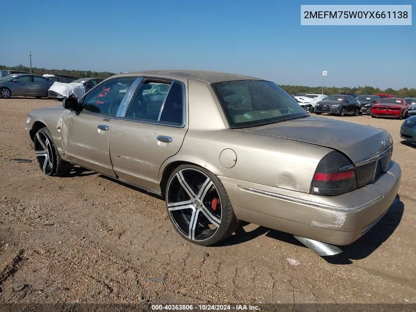 2000 Mercury Grand Marquis Ls VIN: 2MEFM75W0YX661138 Lot: 40363806