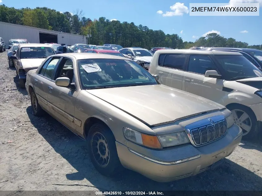 2000 Mercury Grand Marquis Gs VIN: 2MEFM74W6YX600023 Lot: 40426510