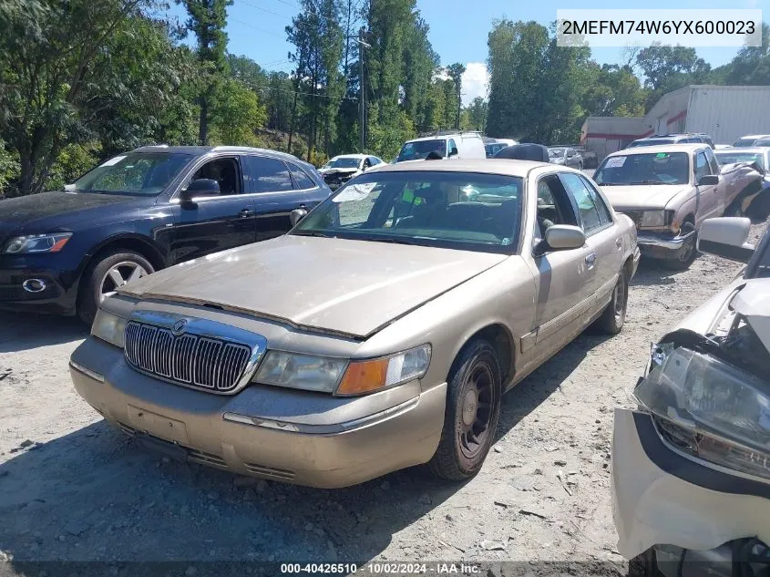 2000 Mercury Grand Marquis Gs VIN: 2MEFM74W6YX600023 Lot: 40426510