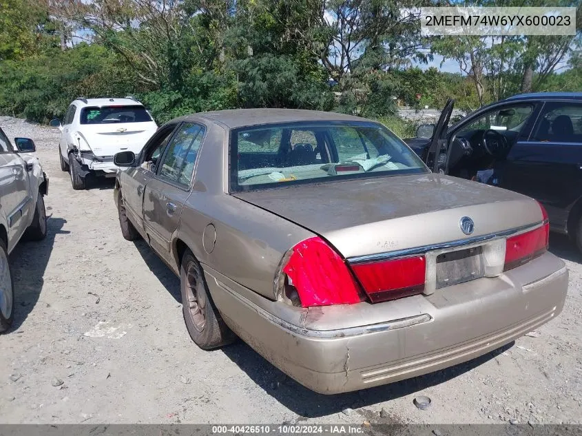 2000 Mercury Grand Marquis Gs VIN: 2MEFM74W6YX600023 Lot: 40426510