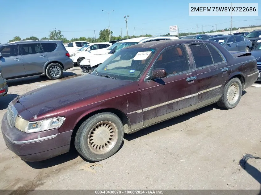 2000 Mercury Grand Marquis Ls VIN: 2MEFM75W8YX722686 Lot: 40438078