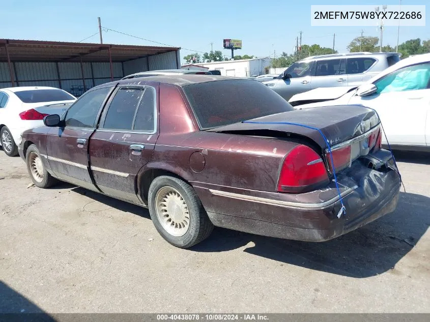 2000 Mercury Grand Marquis Ls VIN: 2MEFM75W8YX722686 Lot: 40438078