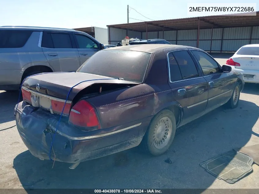 2000 Mercury Grand Marquis Ls VIN: 2MEFM75W8YX722686 Lot: 40438078