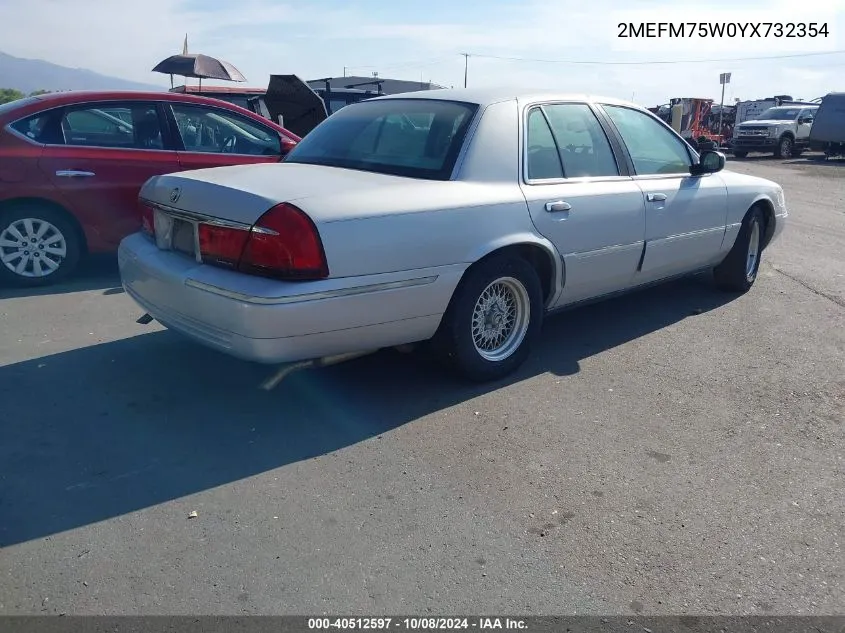 2000 Mercury Grand Marquis Ls VIN: 2MEFM75W0YX732354 Lot: 40512597