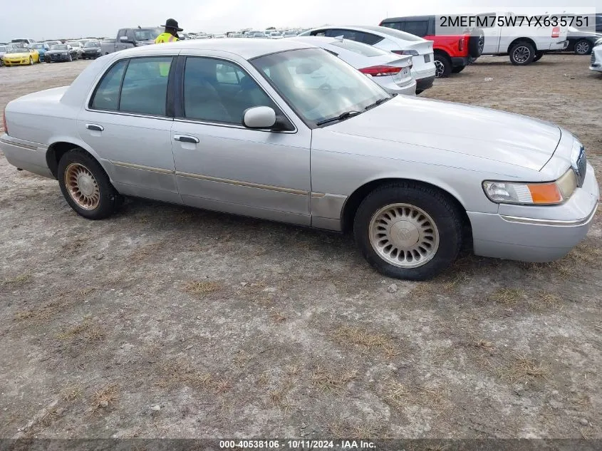 2000 Mercury Grand Marquis Ls VIN: 2MEFM75W7YX635751 Lot: 40538106