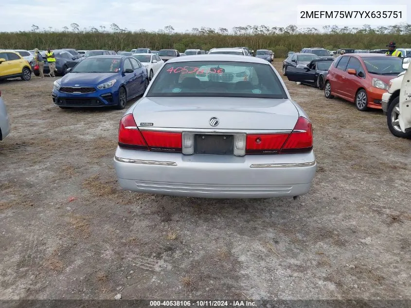 2000 Mercury Grand Marquis Ls VIN: 2MEFM75W7YX635751 Lot: 40538106