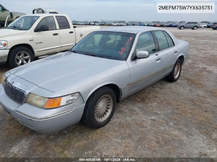 2000 Mercury Grand Marquis Ls VIN: 2MEFM75W7YX635751 Lot: 40538106