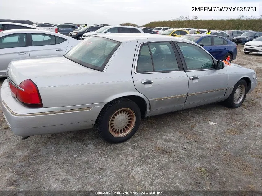 2000 Mercury Grand Marquis Ls VIN: 2MEFM75W7YX635751 Lot: 40538106