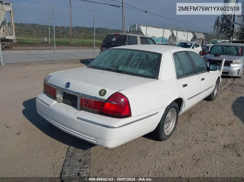 2000 Mercury Grand Marquis Ls VIN: 2MEFM75W1YX602518 Lot: 40542143