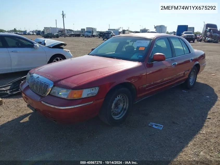 2000 Mercury Grand Marquis Gs VIN: 2MEFM74W1YX675292 Lot: 40567270