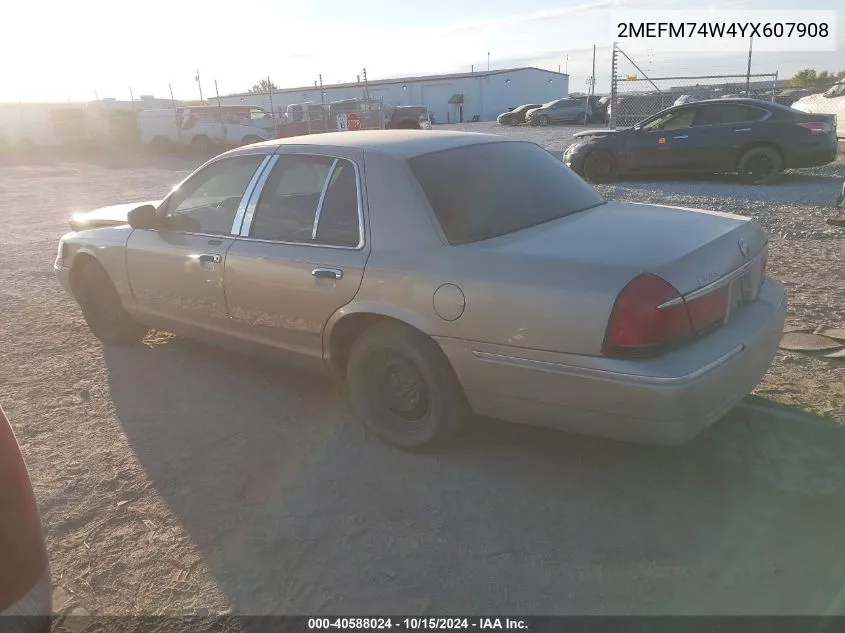 2000 Mercury Grand Marquis Gs VIN: 2MEFM74W4YX607908 Lot: 40588024