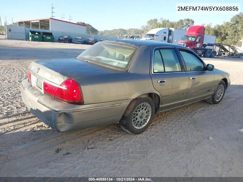 2000 Mercury Grand Marquis Gs VIN: 2MEFM74W5YX608856 Lot: 40598134