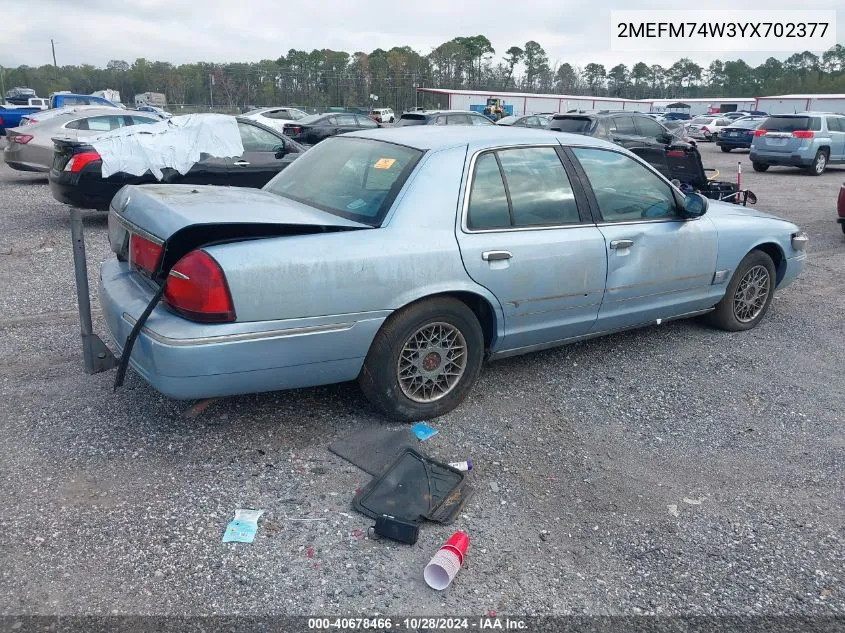 2000 Mercury Grand Marquis Gs VIN: 2MEFM74W3YX702377 Lot: 40678466