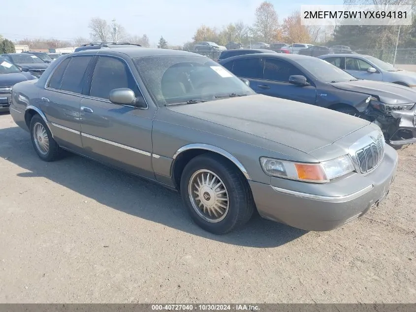 2000 Mercury Grand Marquis Ls VIN: 2MEFM75W1YX694181 Lot: 40727040