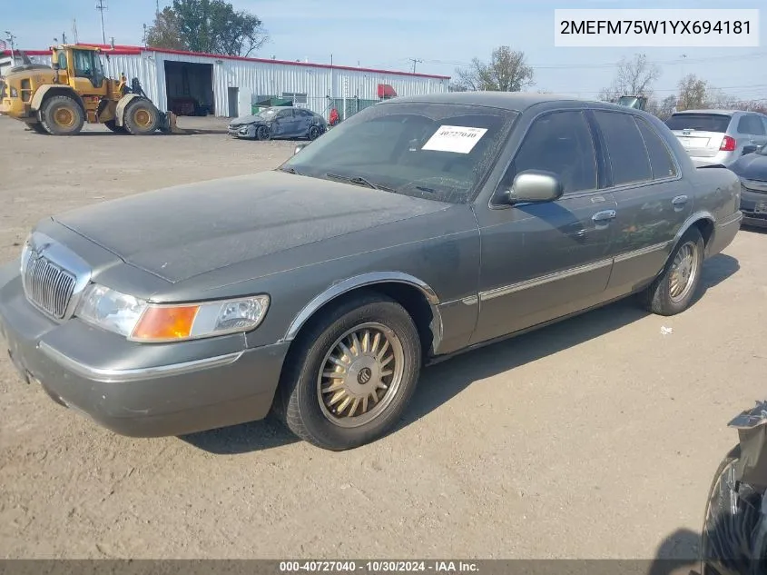 2000 Mercury Grand Marquis Ls VIN: 2MEFM75W1YX694181 Lot: 40727040