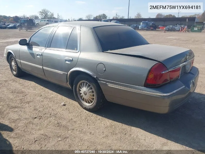 2000 Mercury Grand Marquis Ls VIN: 2MEFM75W1YX694181 Lot: 40727040