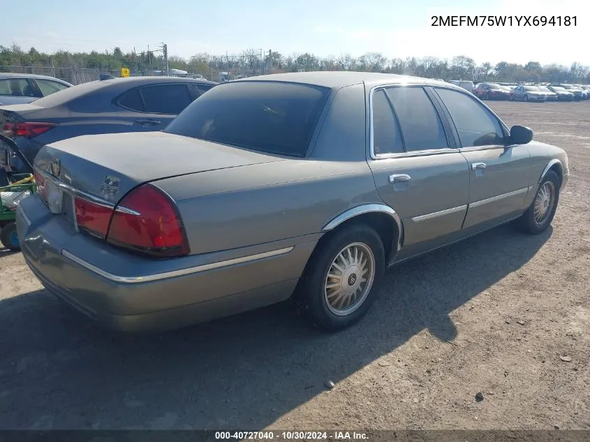 2000 Mercury Grand Marquis Ls VIN: 2MEFM75W1YX694181 Lot: 40727040