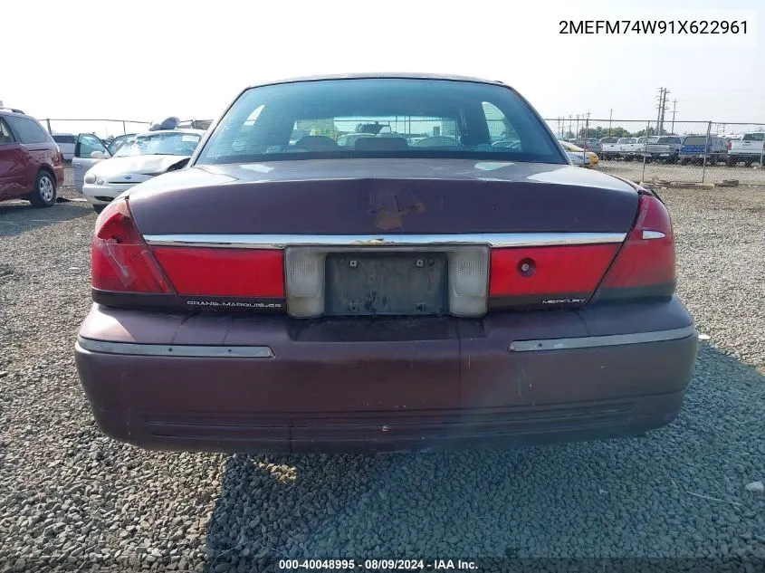 2001 Mercury Grand Marquis Gs VIN: 2MEFM74W91X622961 Lot: 40048995