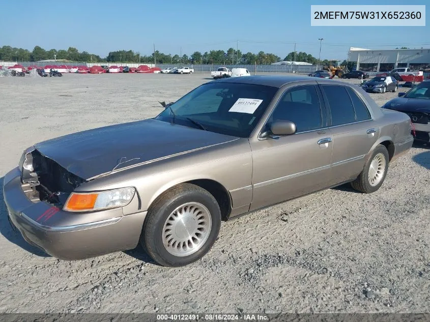 2001 Mercury Grand Marquis Ls VIN: 2MEFM75W31X652360 Lot: 40122491