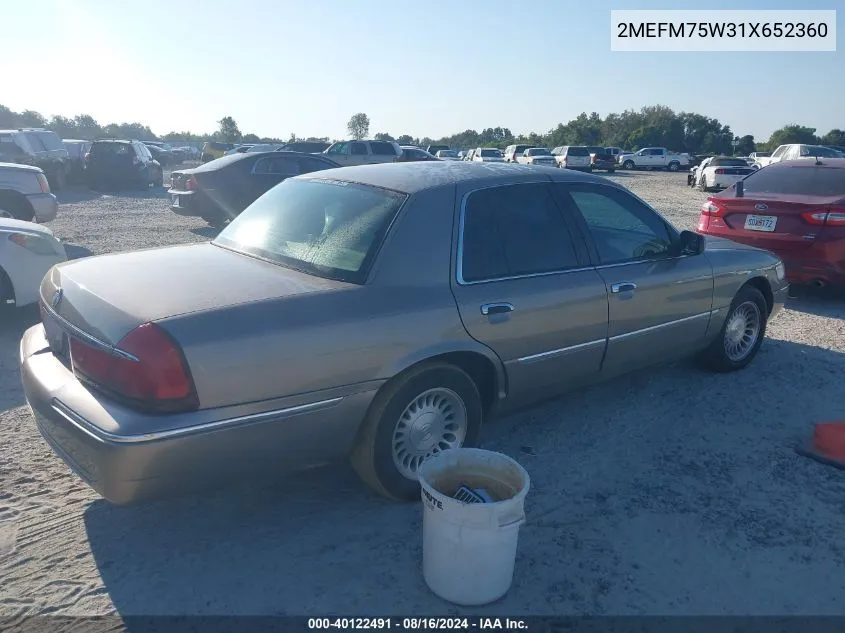 2001 Mercury Grand Marquis Ls VIN: 2MEFM75W31X652360 Lot: 40122491