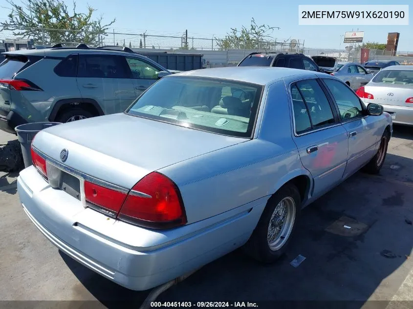 2001 Mercury Grand Marquis Ls VIN: 2MEFM75W91X620190 Lot: 40451403