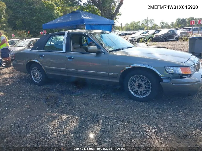 2001 Mercury Grand Marquis Gs VIN: 2MEFM74W31X645930 Lot: 40475592